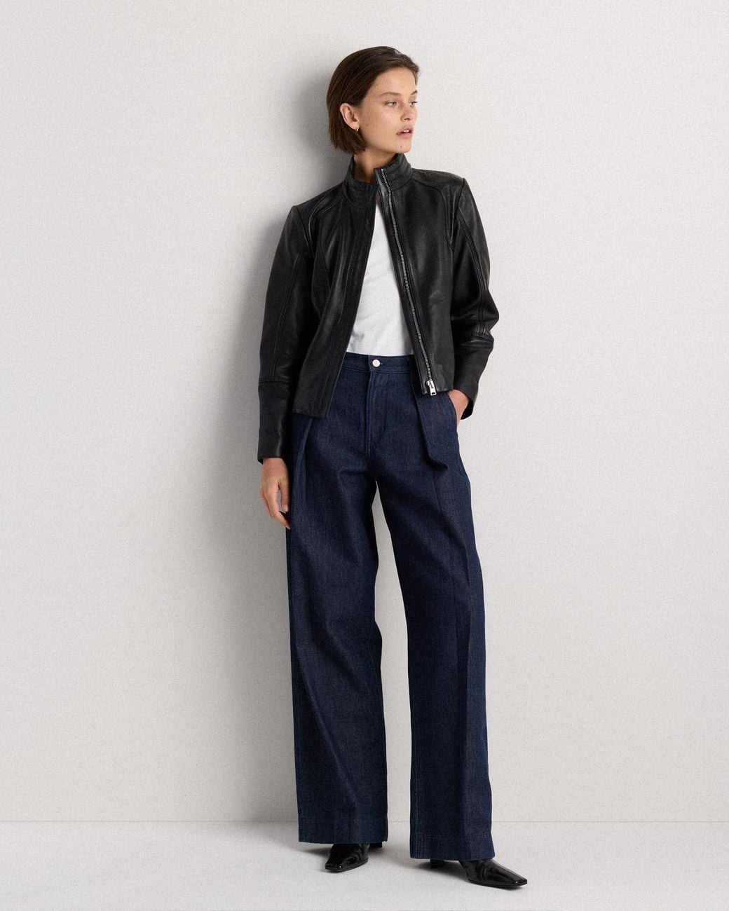 Quince Gray Stand-Collar Jacket, Leather