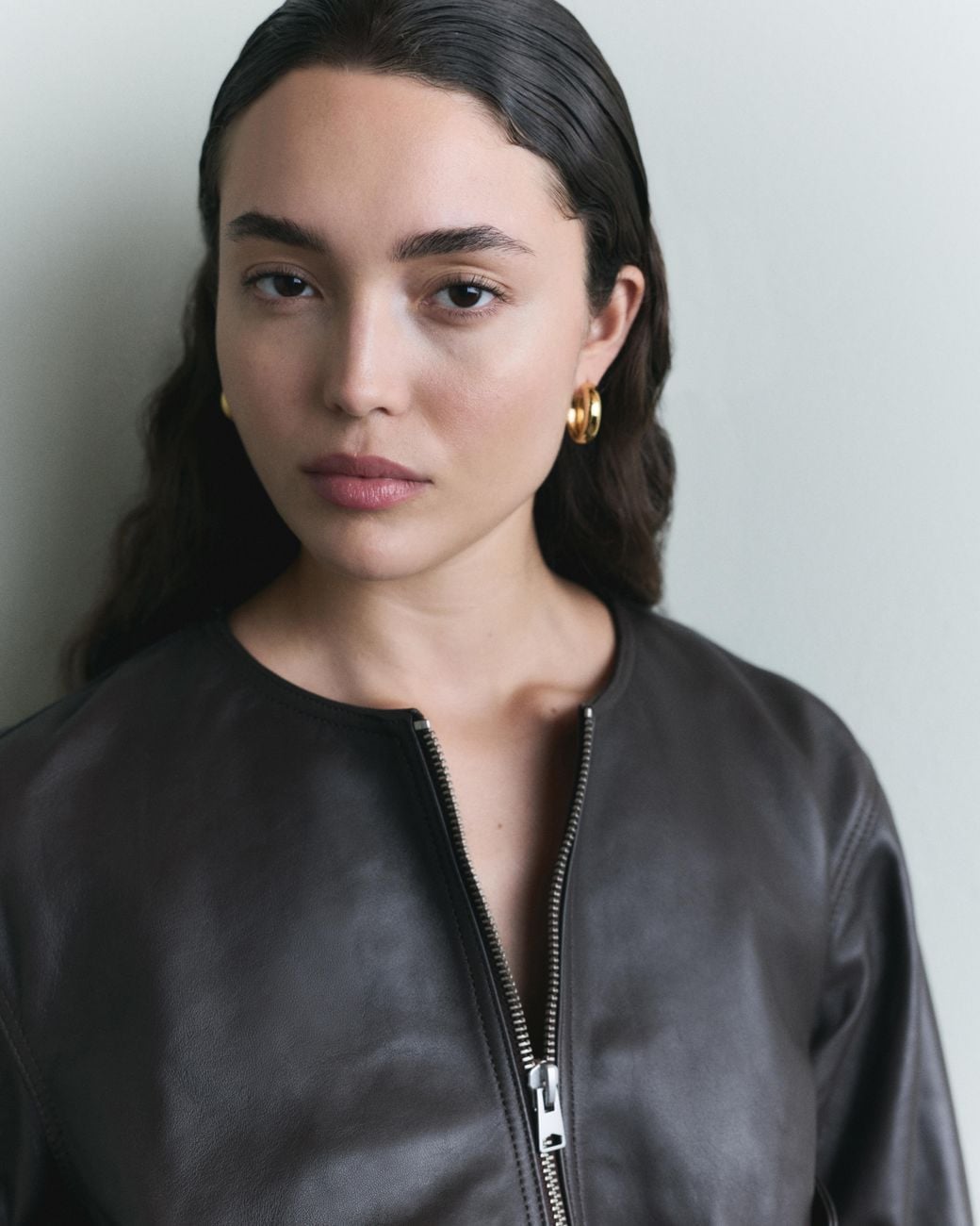 Quince Black Collarless Cropped Bubble Hem Jacket, Leather