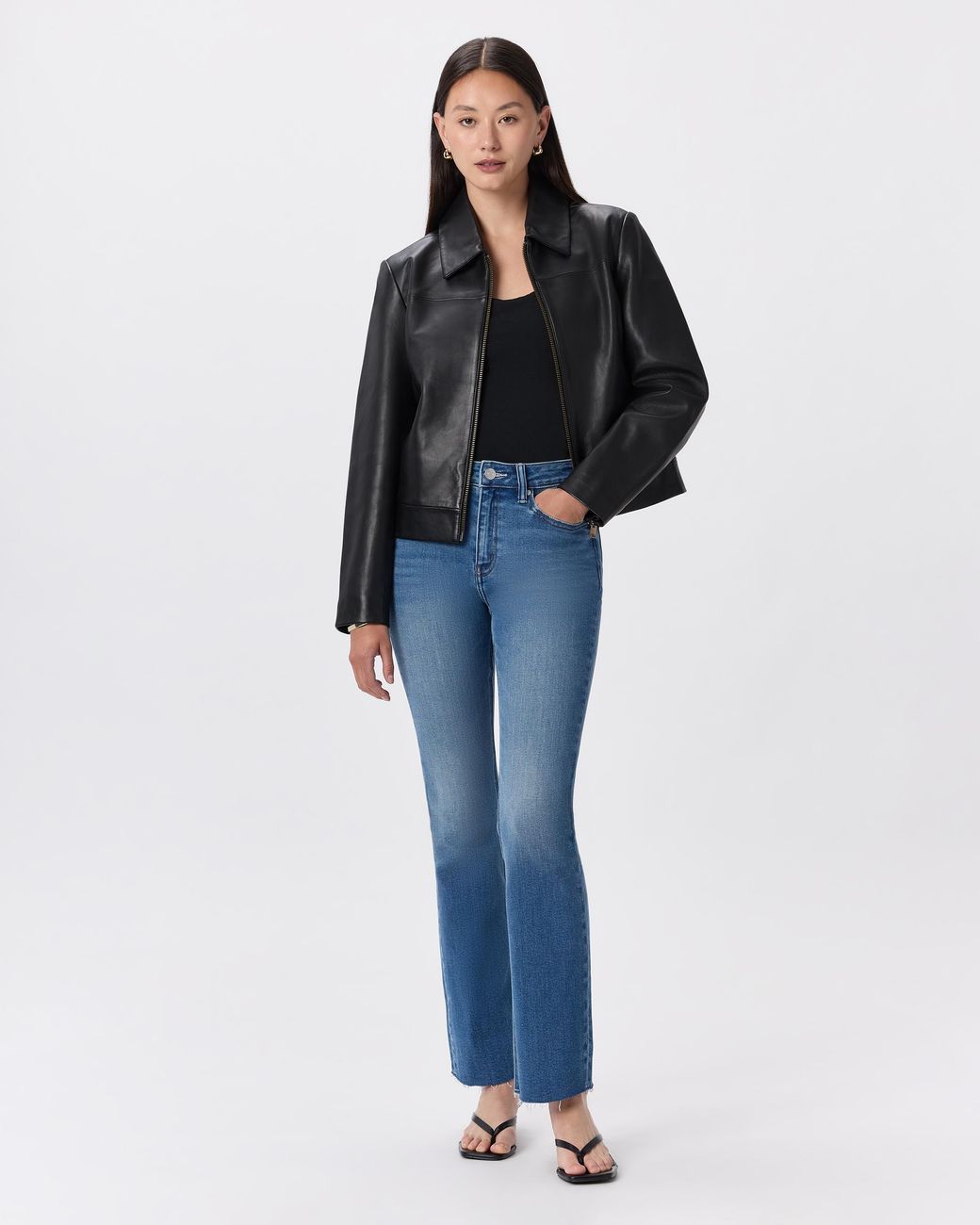 Quince Black Cropped Zip-Front Jacket, Leather