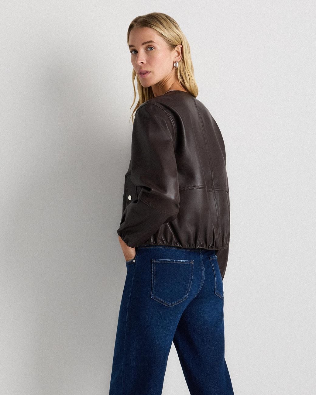Quince Black Collarless Cropped Bubble Hem Jacket, Leather