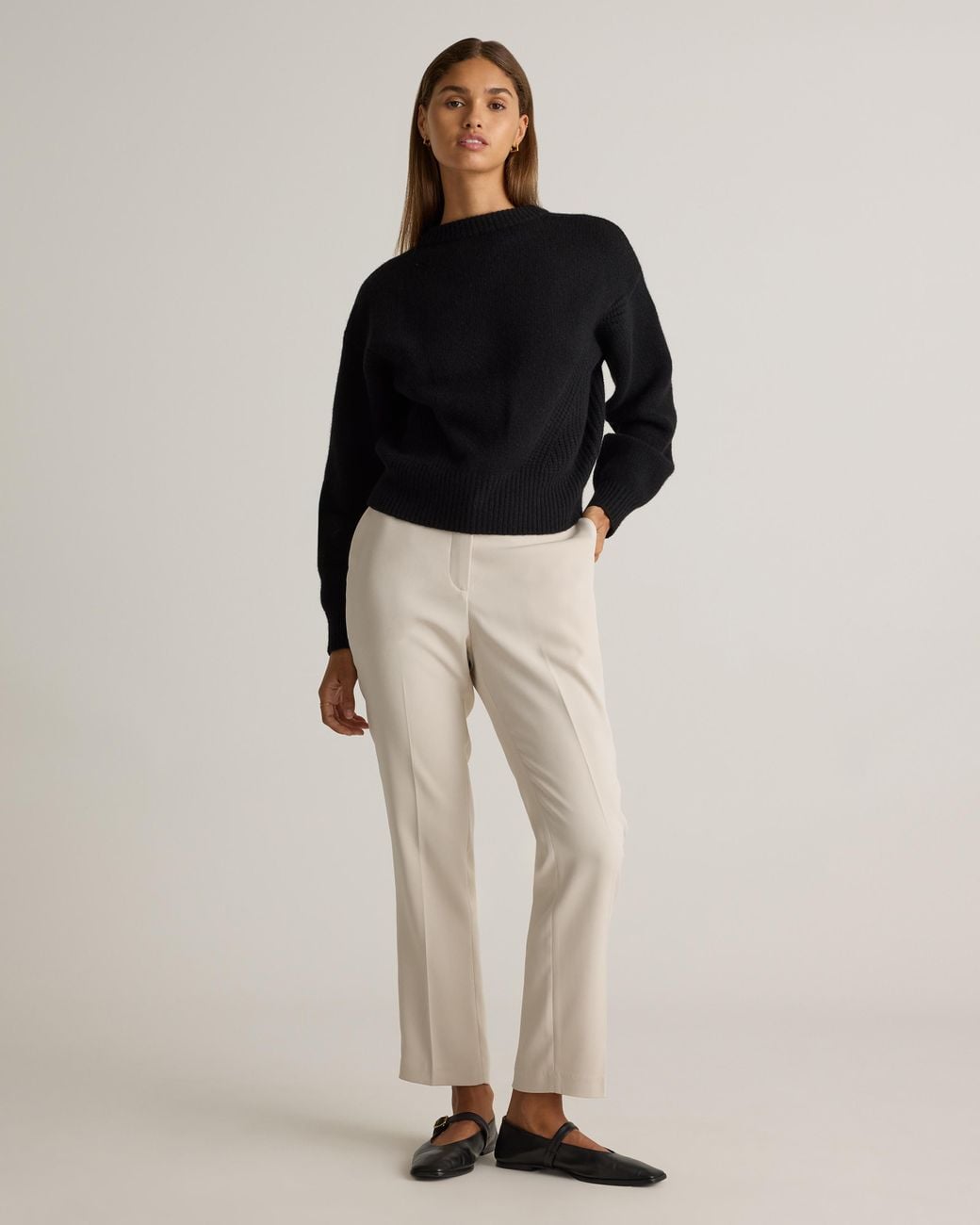 Quince Black 100% Yak Wool Pointelle Detail Relaxed Crew