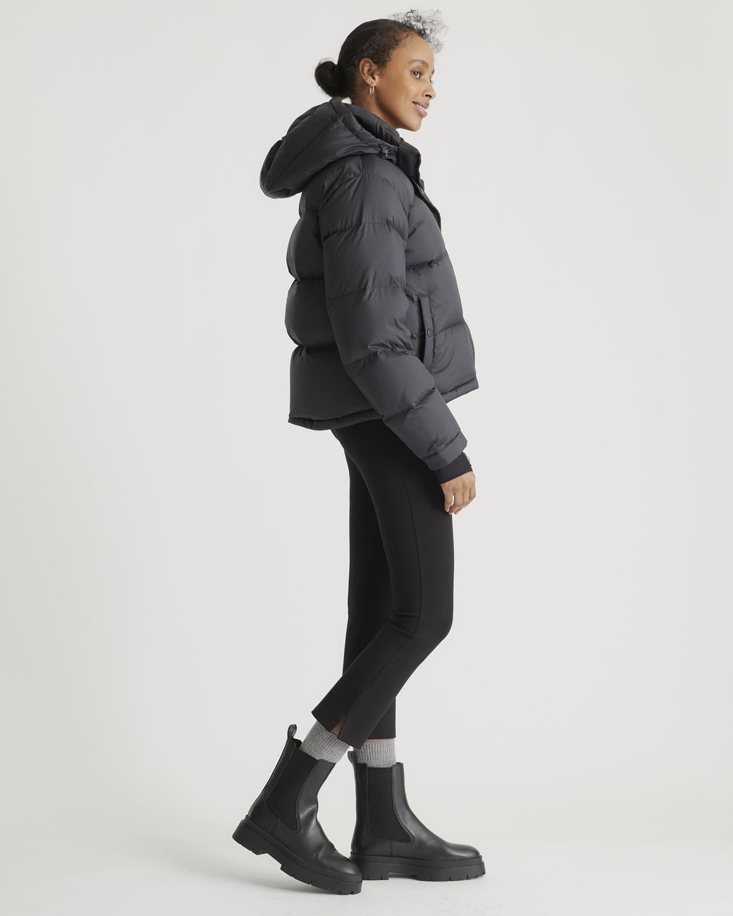 Quince Black Responsible Down Cropped Puffer Jacket, Recycled Polyester