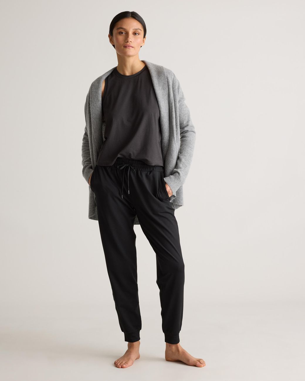 Quince Black Flowknit Mid-Rise Joggers, Recycled Poly With Stretch