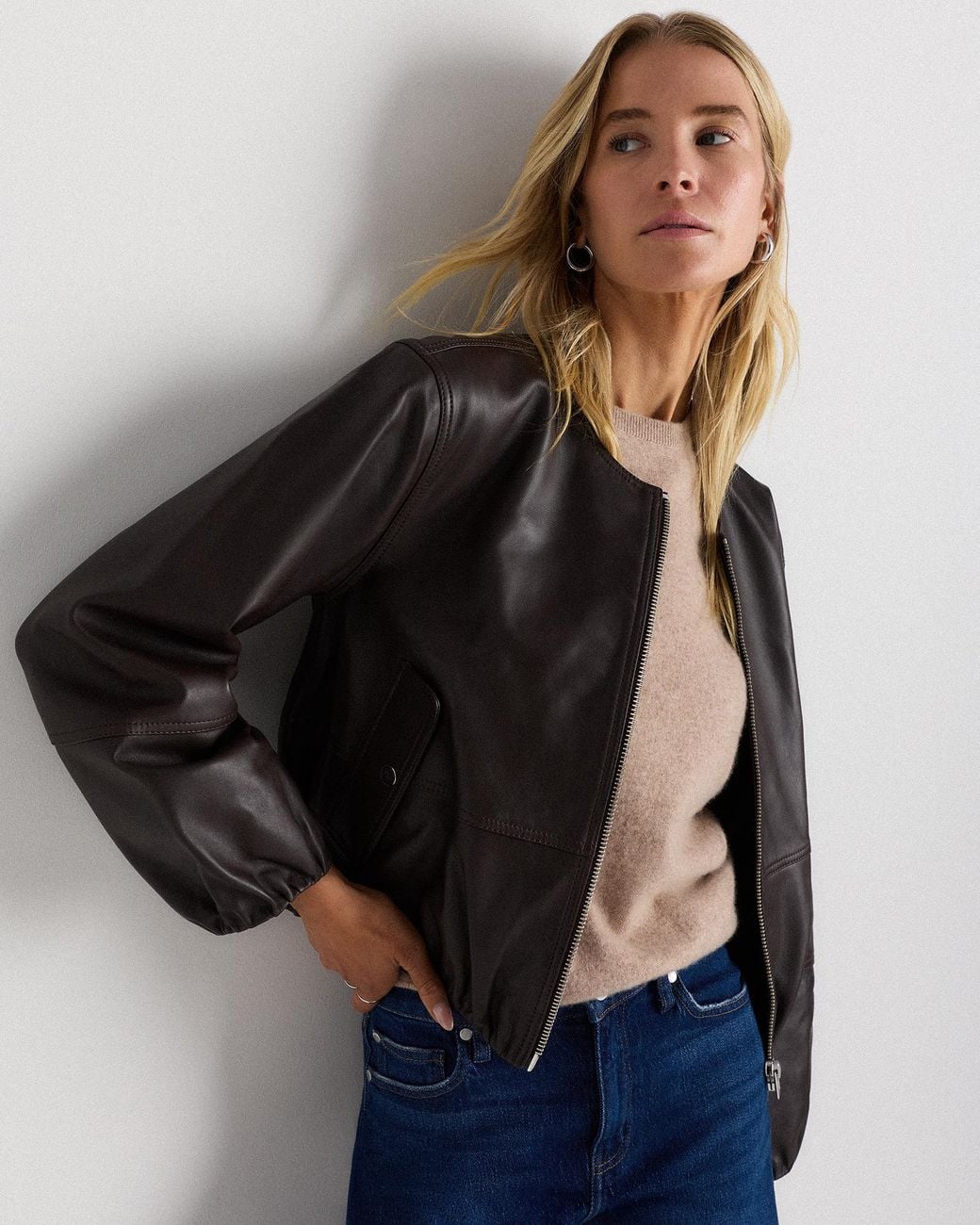 Quince Black Collarless Cropped Bubble Hem Jacket, Leather