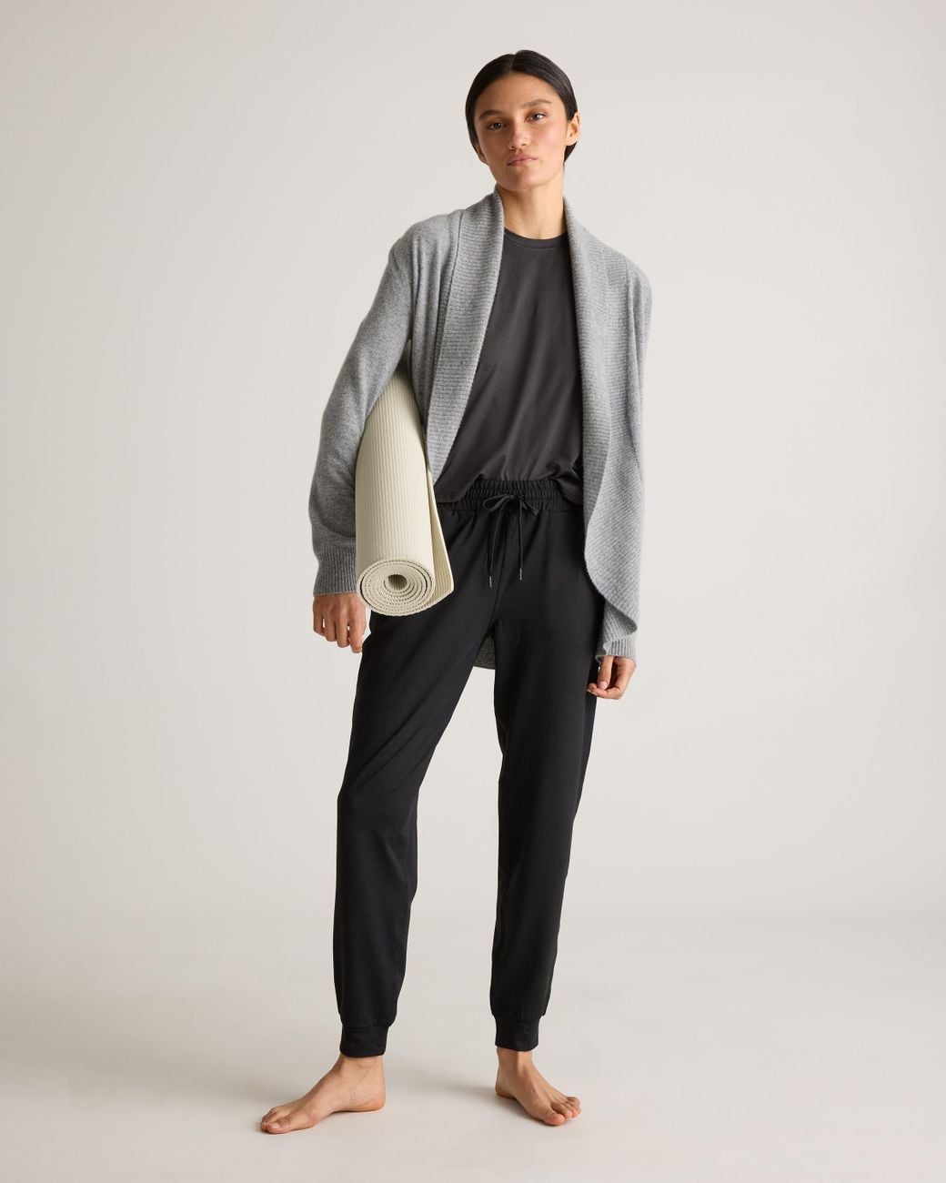 Quince Black Flowknit Mid-Rise Joggers, Recycled Poly With Stretch