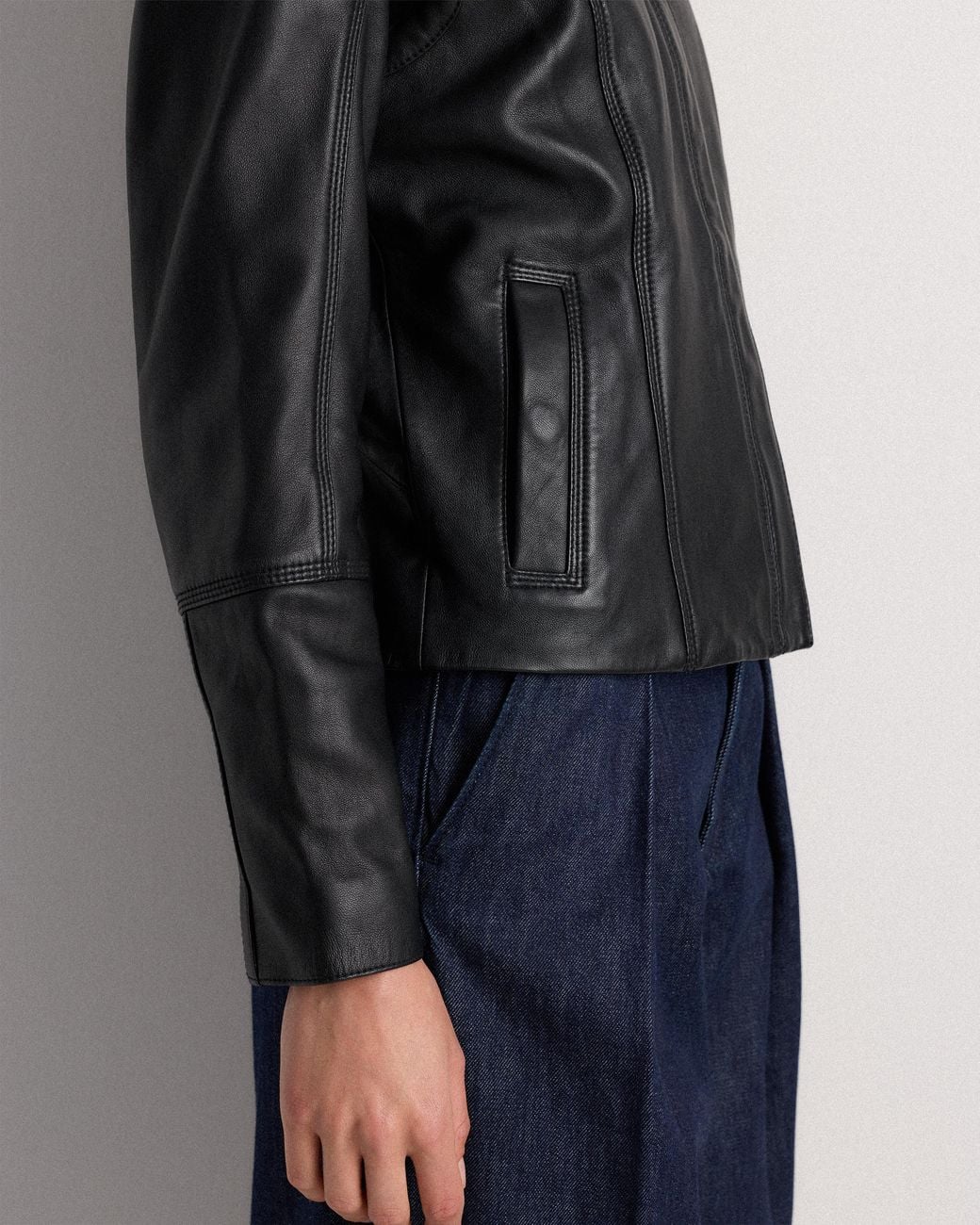 Quince Gray Stand-Collar Jacket, Leather
