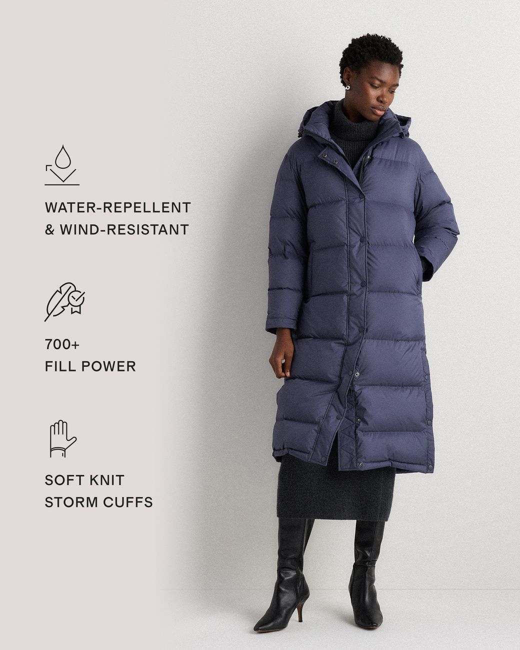 Quince Blue Responsible Down Long Puffer Jacket, Recycled Polyester