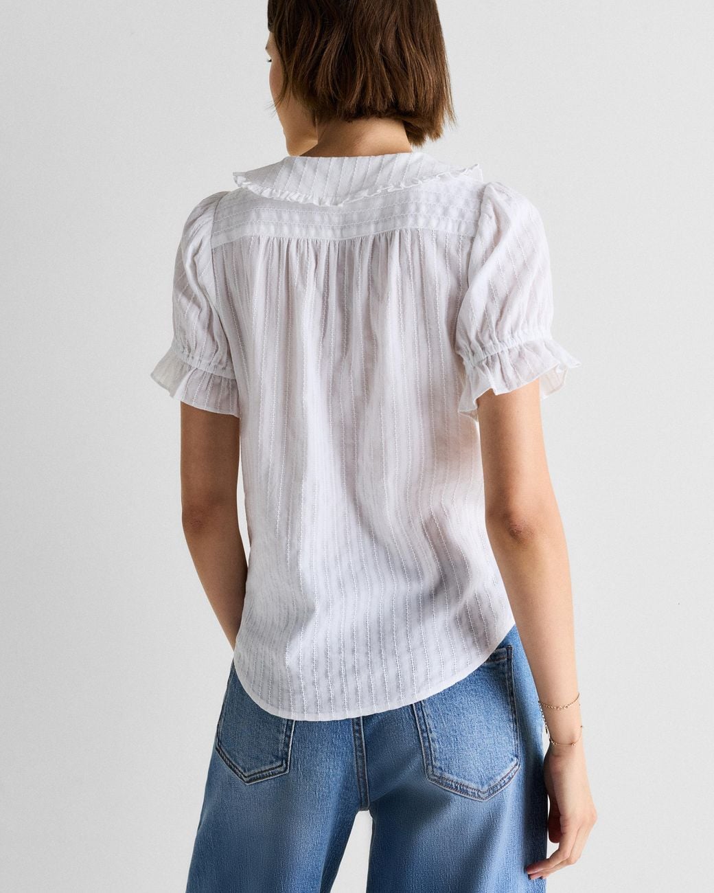 Quince Embroidered Cotton Ruffle Collar Short Sleeve Blouse