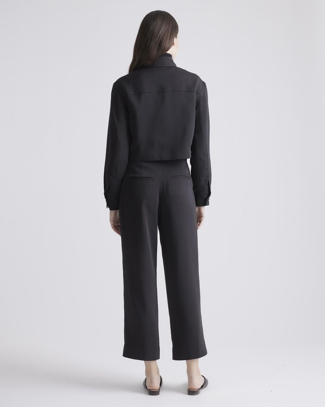 Quince Black Stretch Crepe Cropped Jacket, Recycled Polyester Spandex