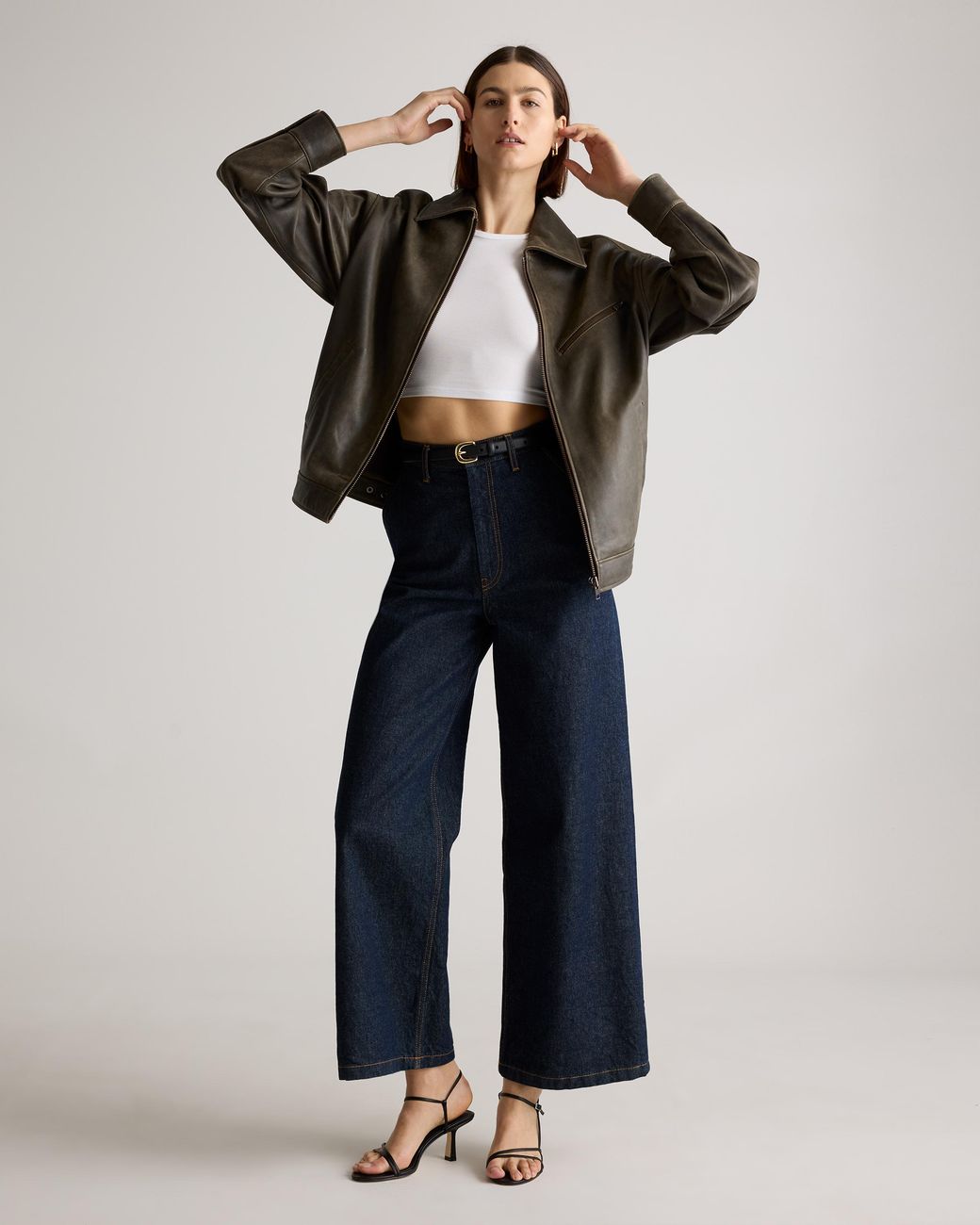 Quince Brown Oversized Bomber Jacket, Leather