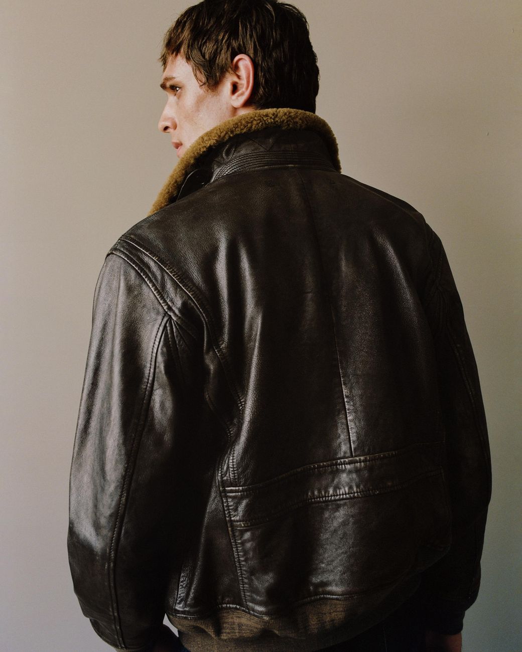 Quince Blue Shearling Collar Leather Flight Jacket for men