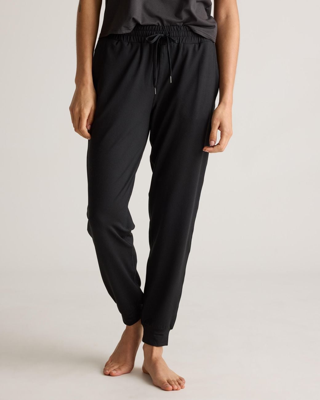 Quince Black Flowknit Mid-Rise Joggers, Recycled Poly With Stretch