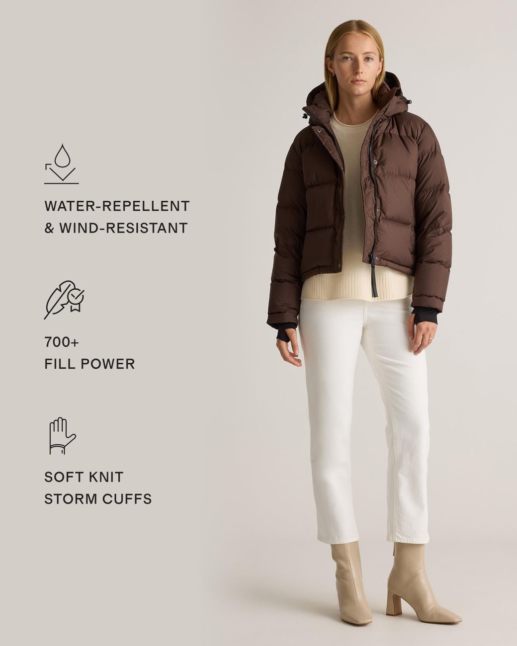 Quince Brown Responsible Down Cropped Puffer Jacket, Recycled Polyester