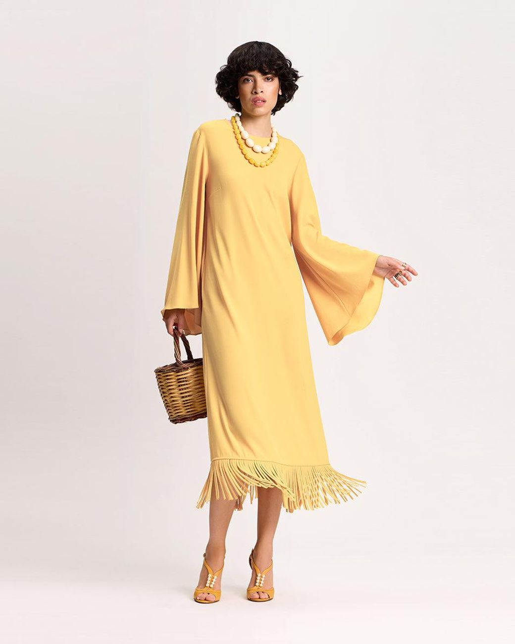 Racil Yellow Lee Kaftan With Fringes