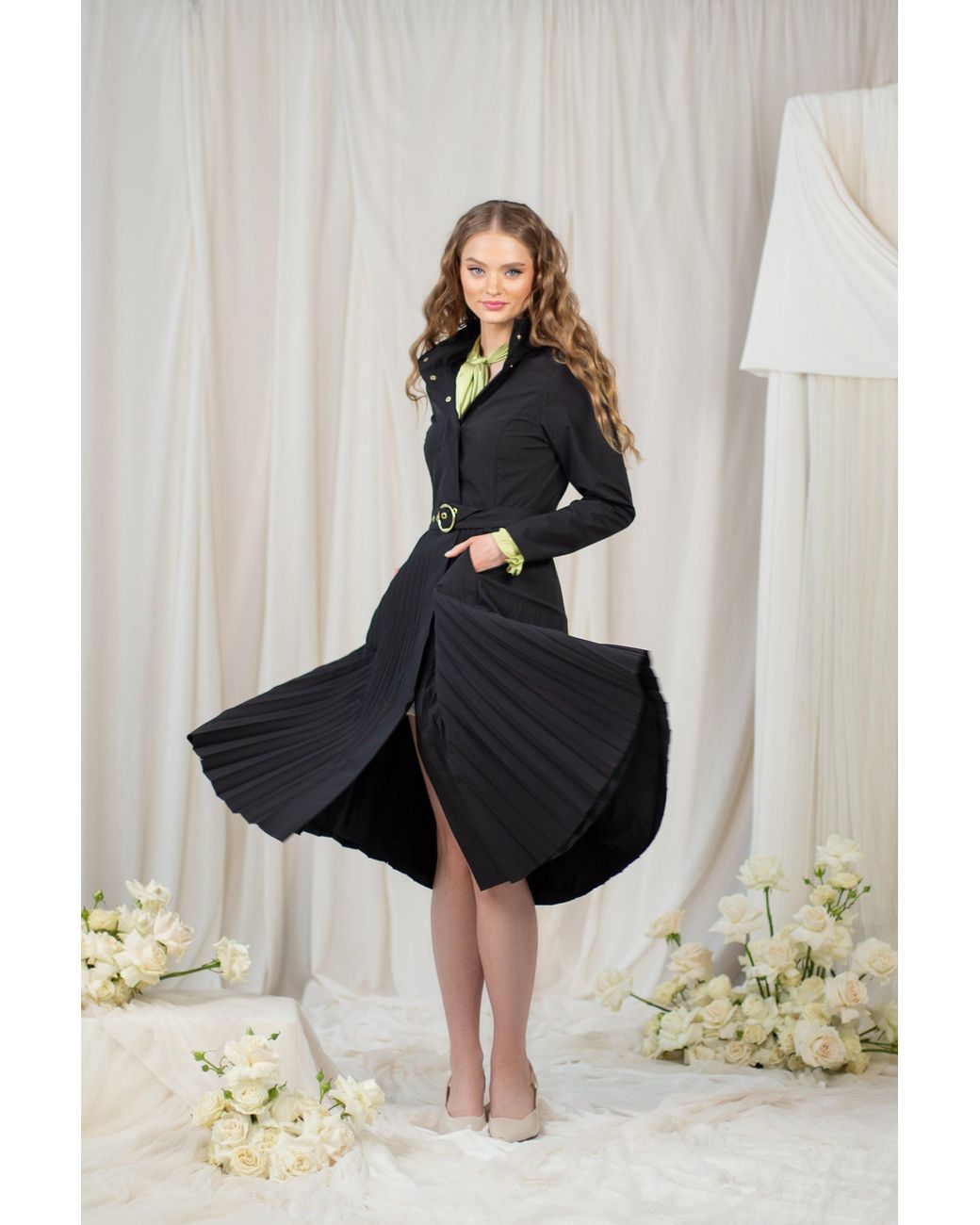 RainSisters Blue Fit And Flare Coat With A-Line Pleated Skirt For Spring