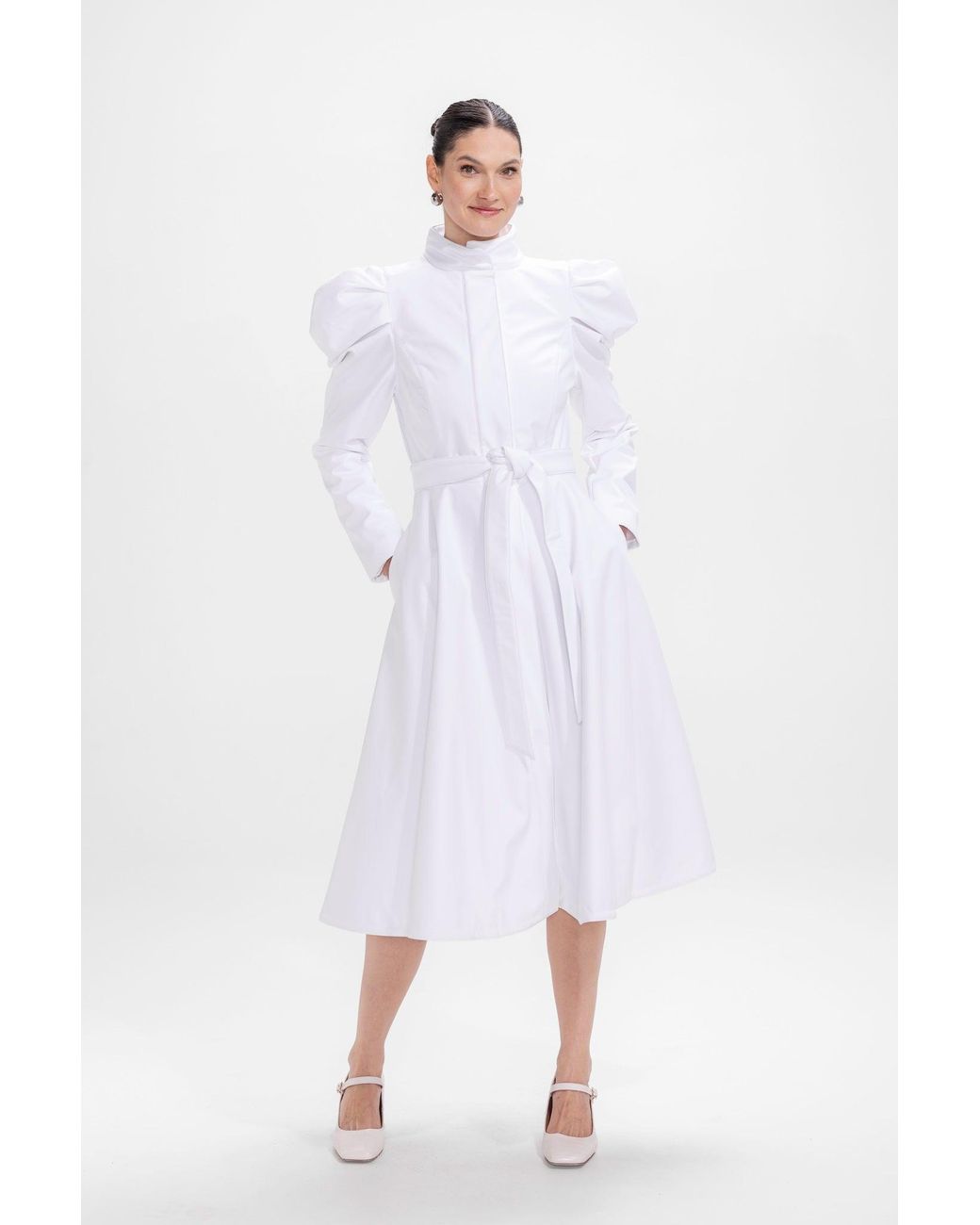 RainSisters White Fit And Flare Coat With Balloon-Styled Sleeves