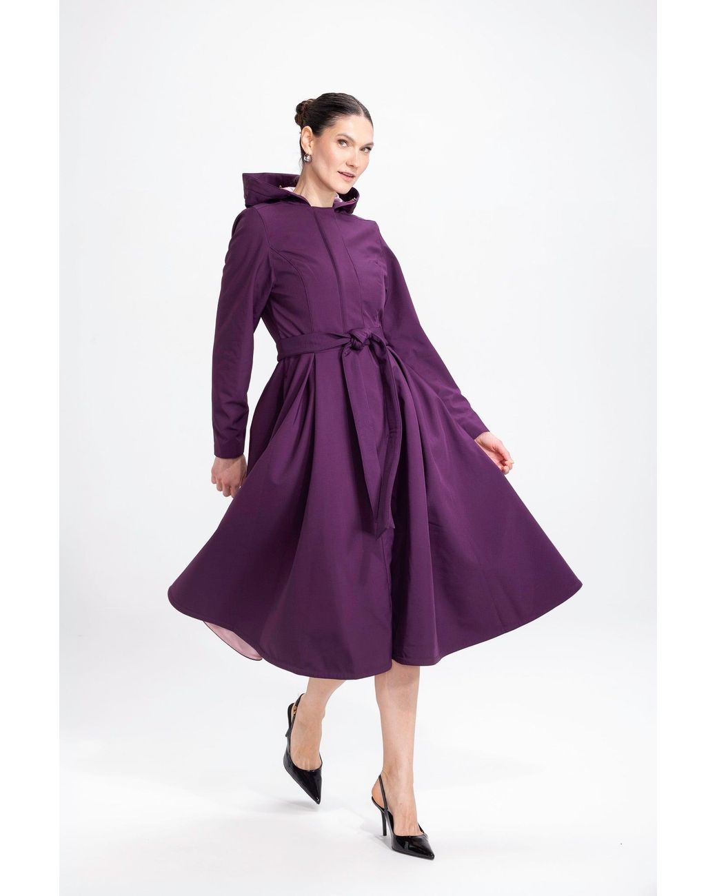 RainSisters Purple Fit And Flare Coat With Pleated Skirts