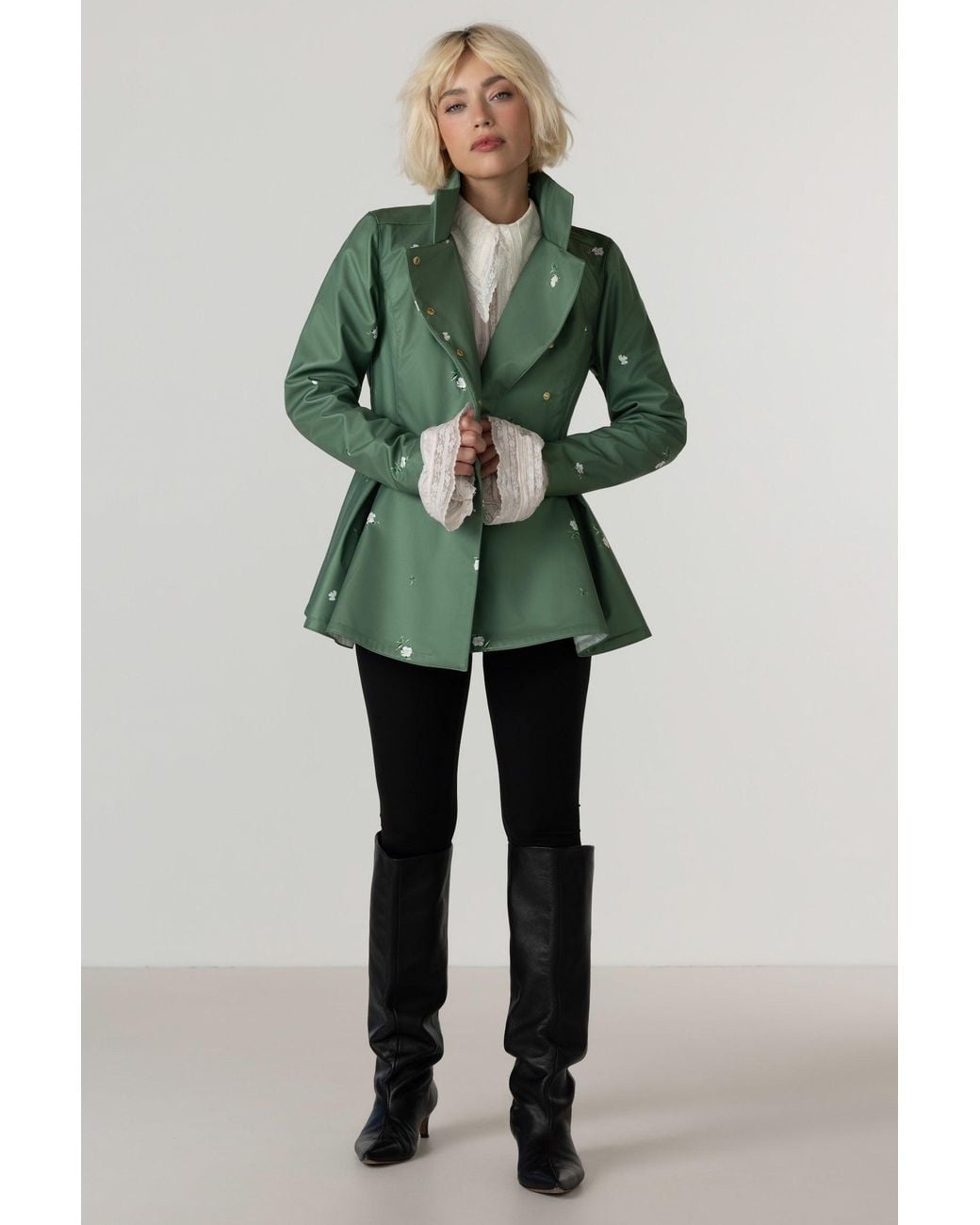 RainSisters Green Double Breasted Jacket With Detachable Hood
