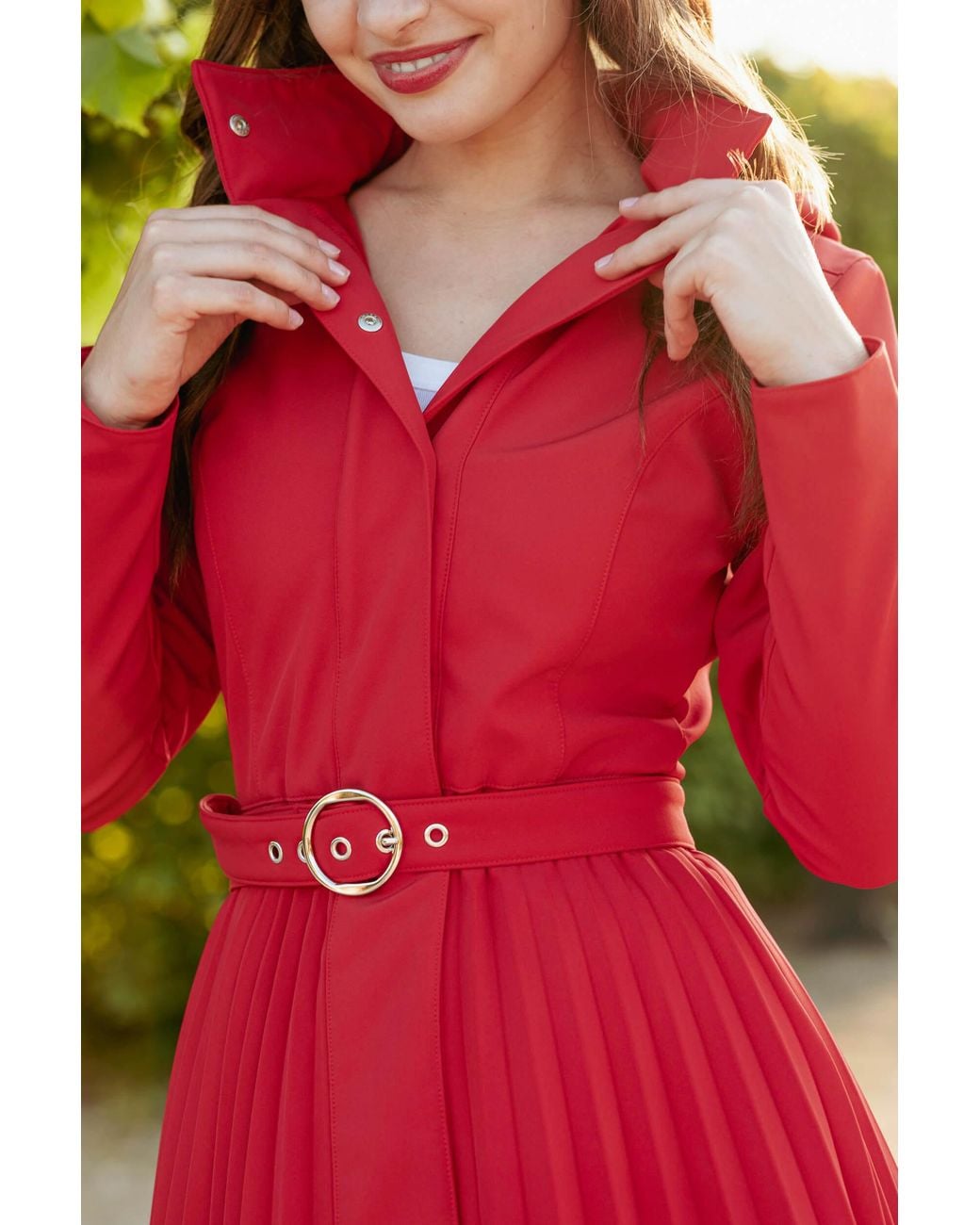 RainSisters Red Fit And Flare A-Line Coat With Pleated Skirt