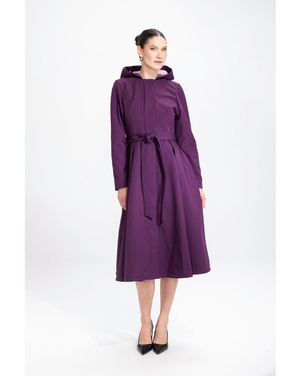 RainSisters Purple Fit And Flare Coat With Pleated Skirts