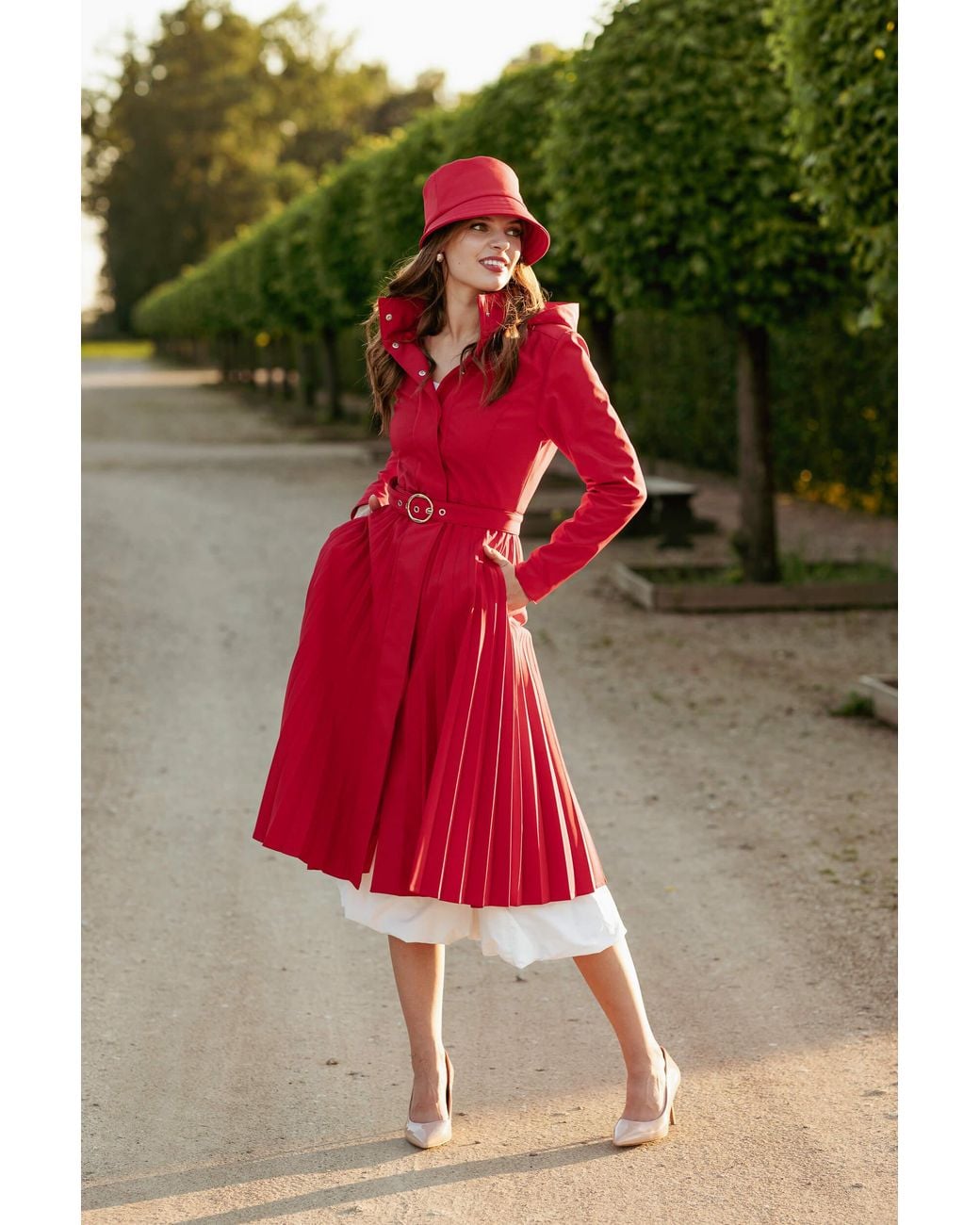 RainSisters Red Fit And Flare A-Line Coat With Pleated Skirt