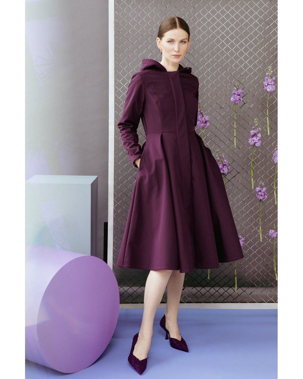 RainSisters Purple Fit And Flare Coat With Pleated Skirts