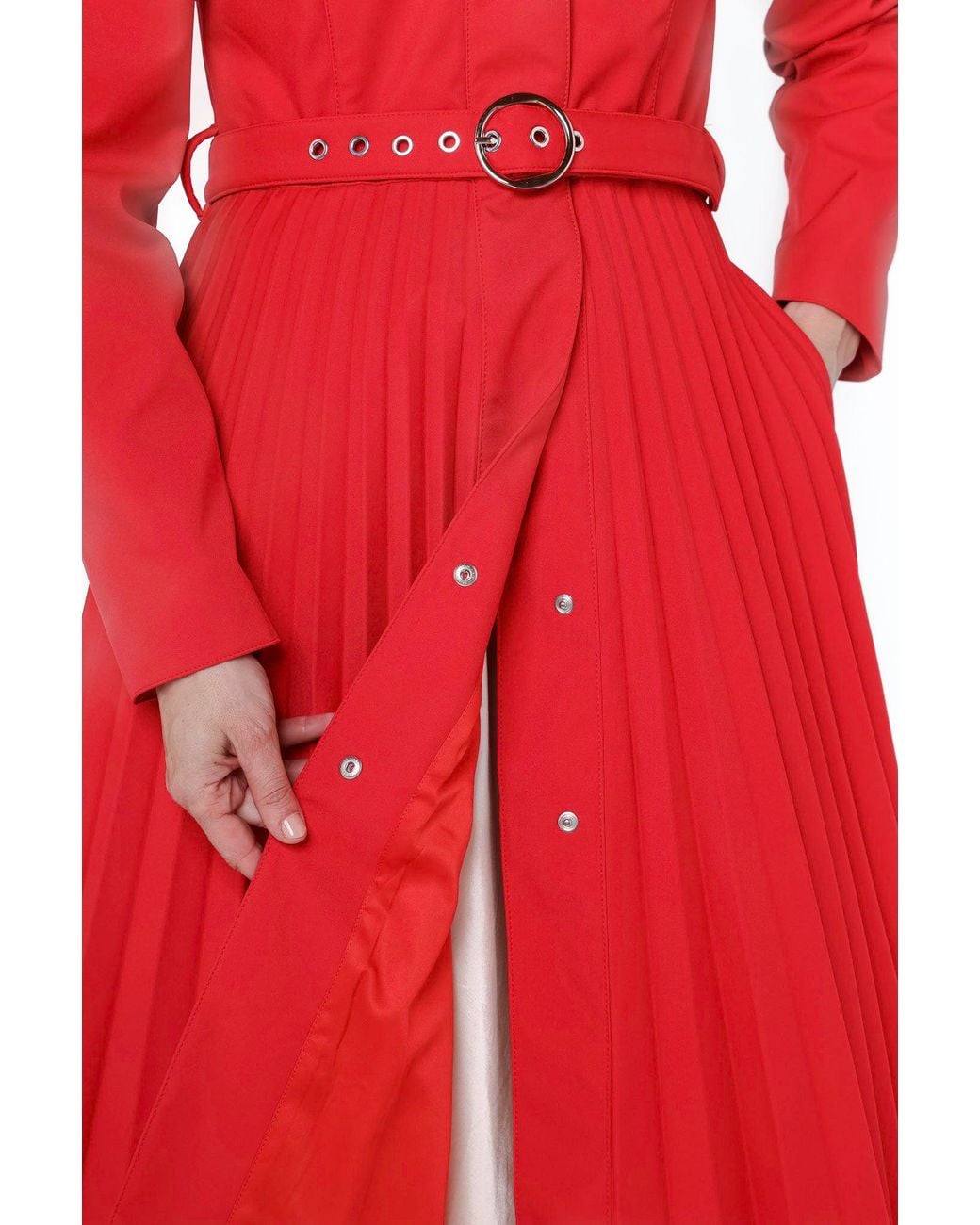 RainSisters Red Fit And Flare A-Line Coat With Pleated Skirt