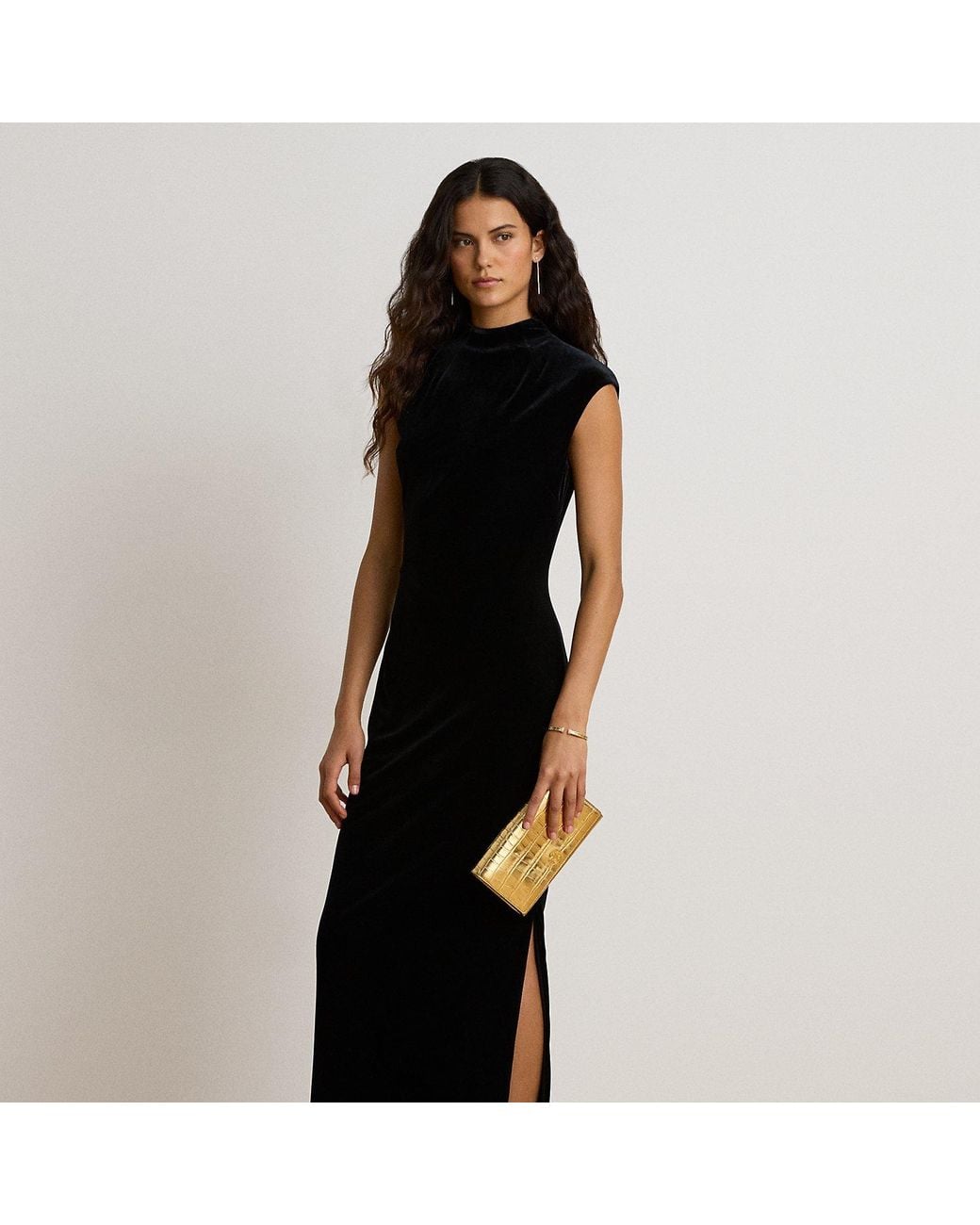 Ralph Lauren Black Stretch Velvet Mockneck Gown