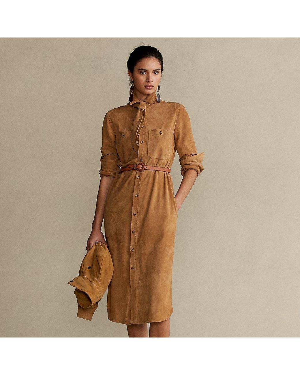 Polo Ralph Lauren Suede Midi Shirt Dress in Brown Lyst