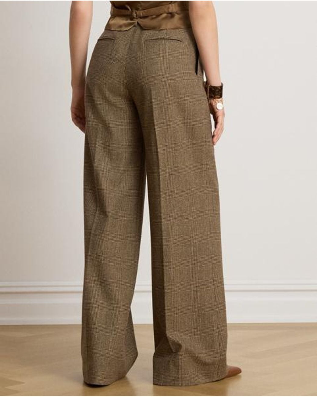 Ralph Lauren Brown Glen Plaid Brushed Wool Wide-Leg Trouser