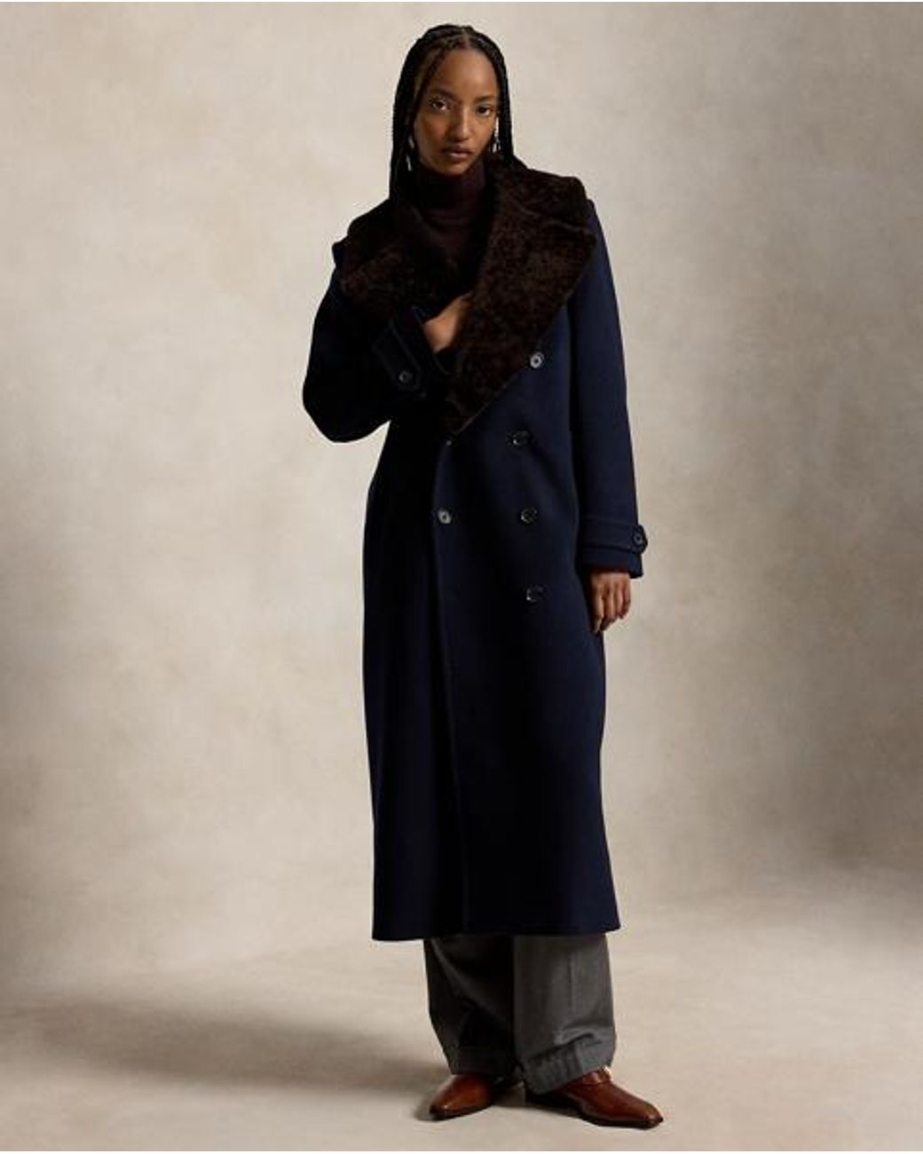 Ralph Lauren Black Shearling-Collar Wool Melton Peacoat