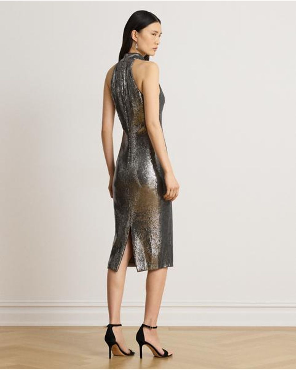 Ralph Lauren Multicolor Sequined Tulle Mockneck Cocktail Dress