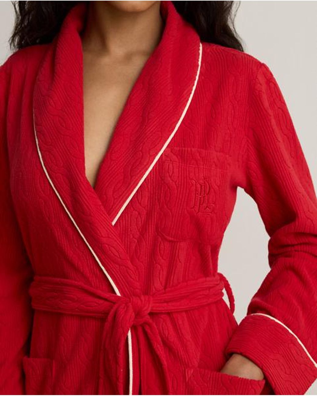 Ralph Lauren Red Cable Microfleece Shawl-Collar Robe