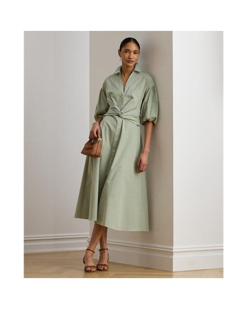 Ralph Lauren Striped Cotton Bubble-Sleeve Shirtdress in Green