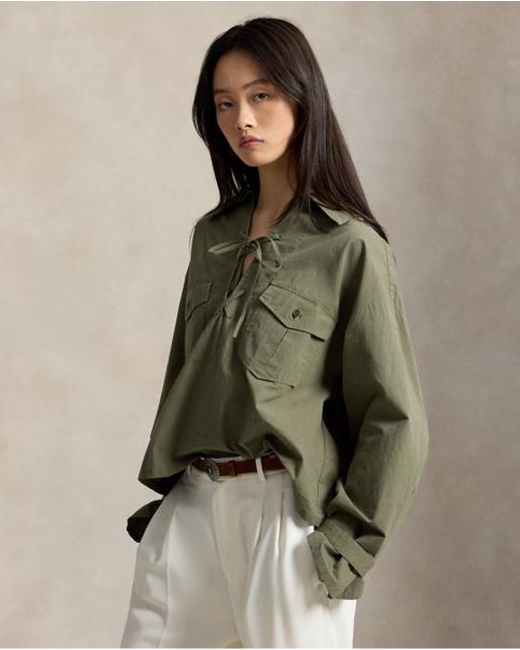 Ralph Lauren Green Lace-Up Cotton Shirt