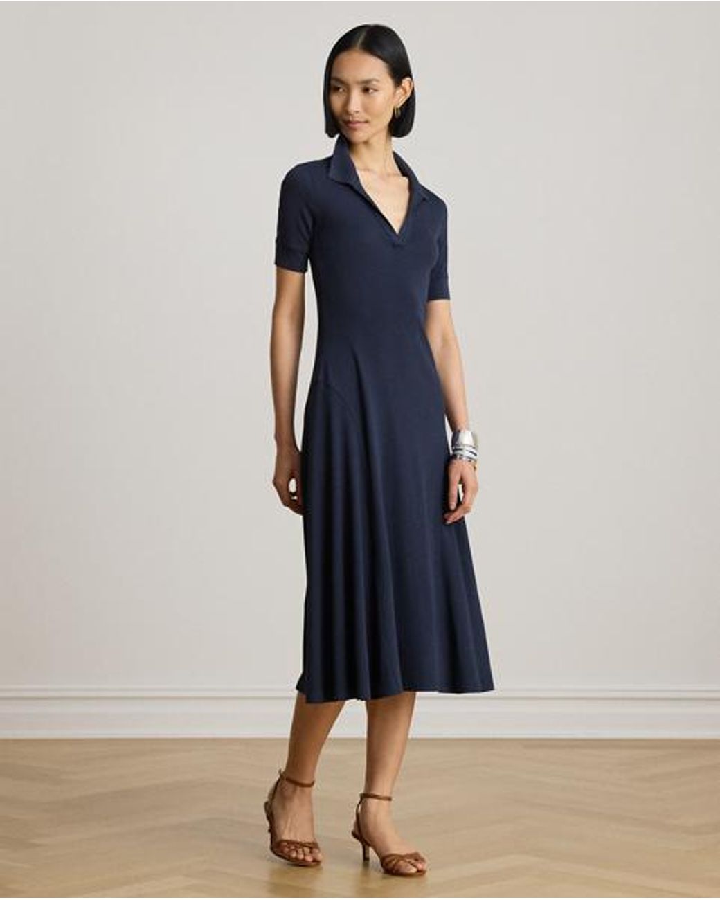 Ralph Lauren Blue Rib-Knit Elbow-Sleeve Polo Dress
