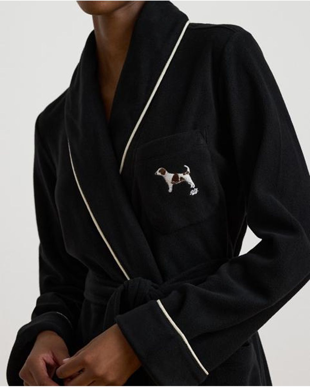 Ralph Lauren Black Dog-Embroidered Fleece Shawl-Collar Robe