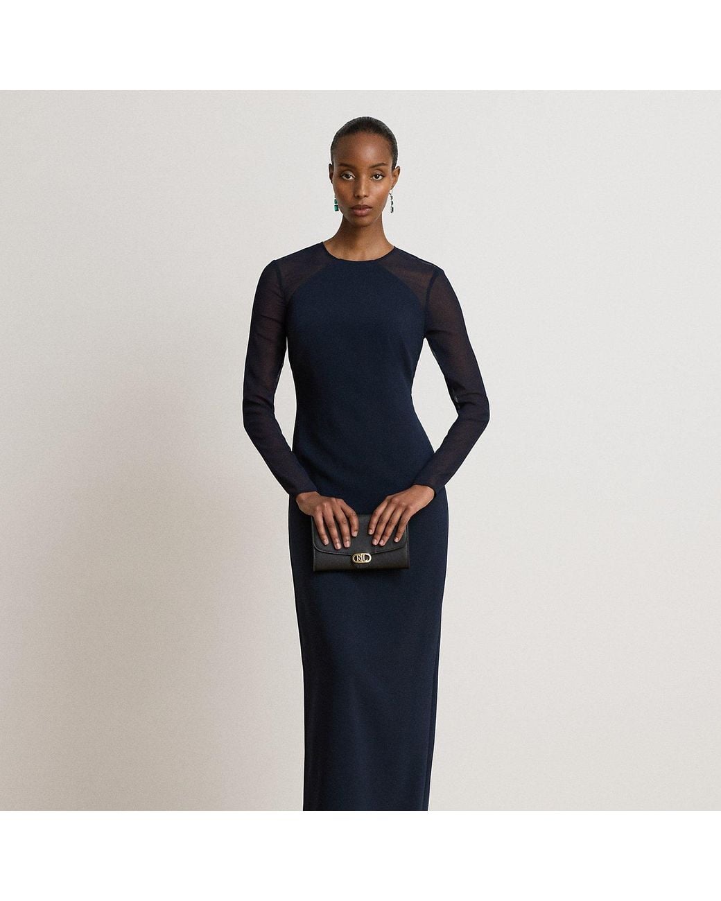 Ralph Lauren Blue Georgette-Trim Crepe Long-Sleeve Gown