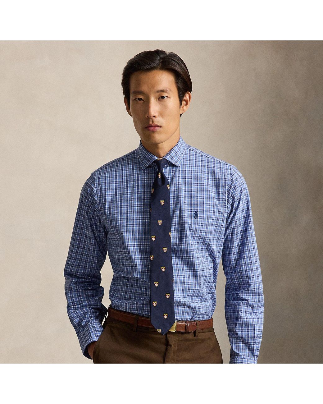 Polo Ralph Lauren Blue Custom Fit Plaid Stretch Poplin Shirt for men