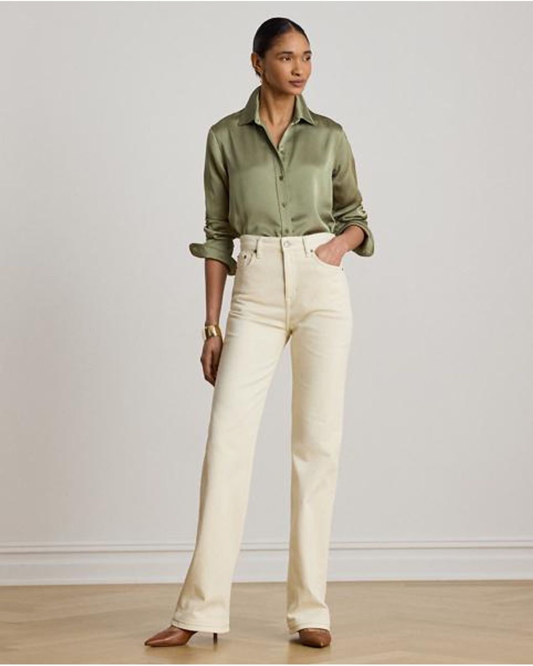 Ralph Lauren Green Classic Fit Satin Charmeuse Shirt