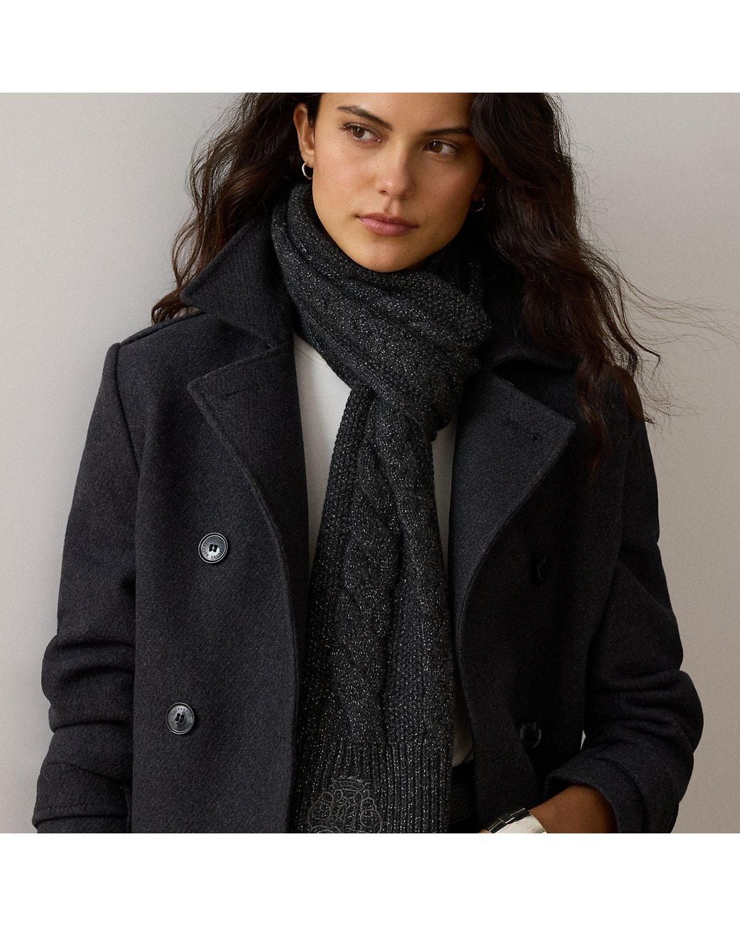Ralph Lauren Black Embroidered-Crest Metallic Cable Scarf