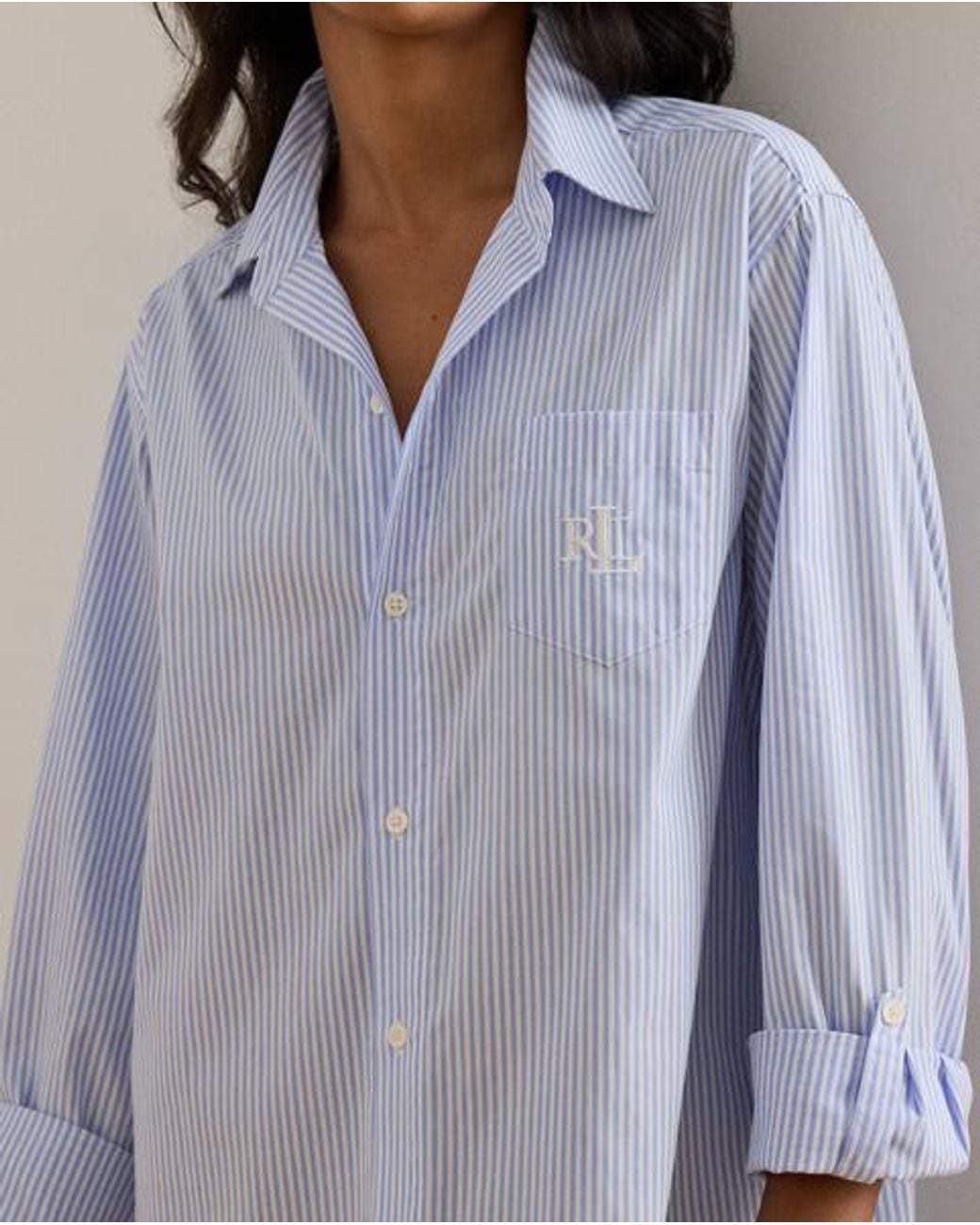Ralph Lauren Blue Striped Cotton Poplin Sleep Shirt