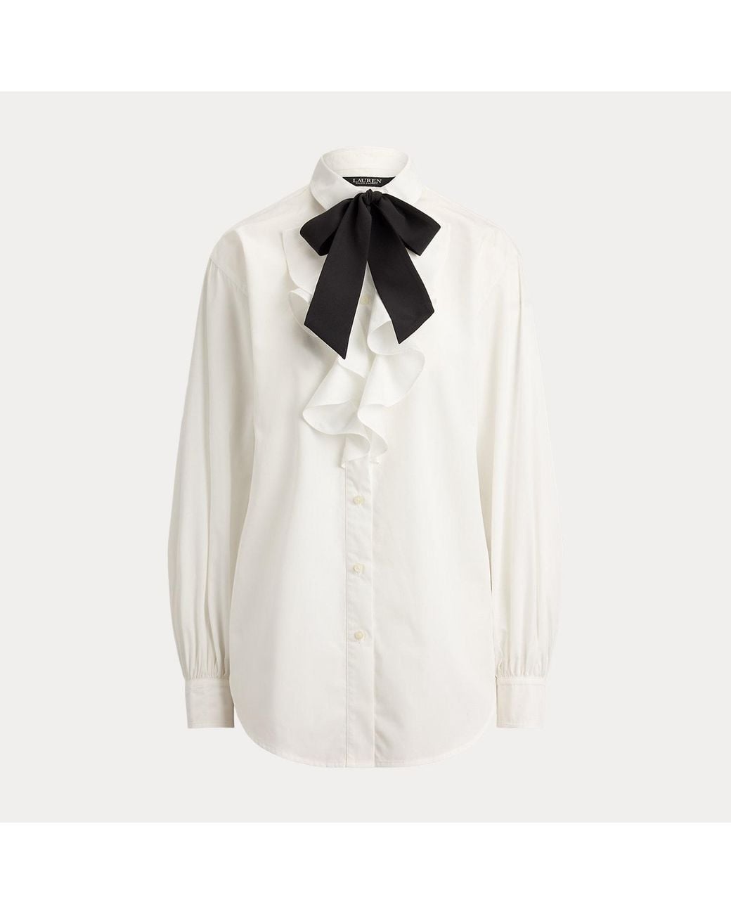 Ralph Lauren Gray Ruffle-Trim Broadcloth Tie-Neck Shirt
