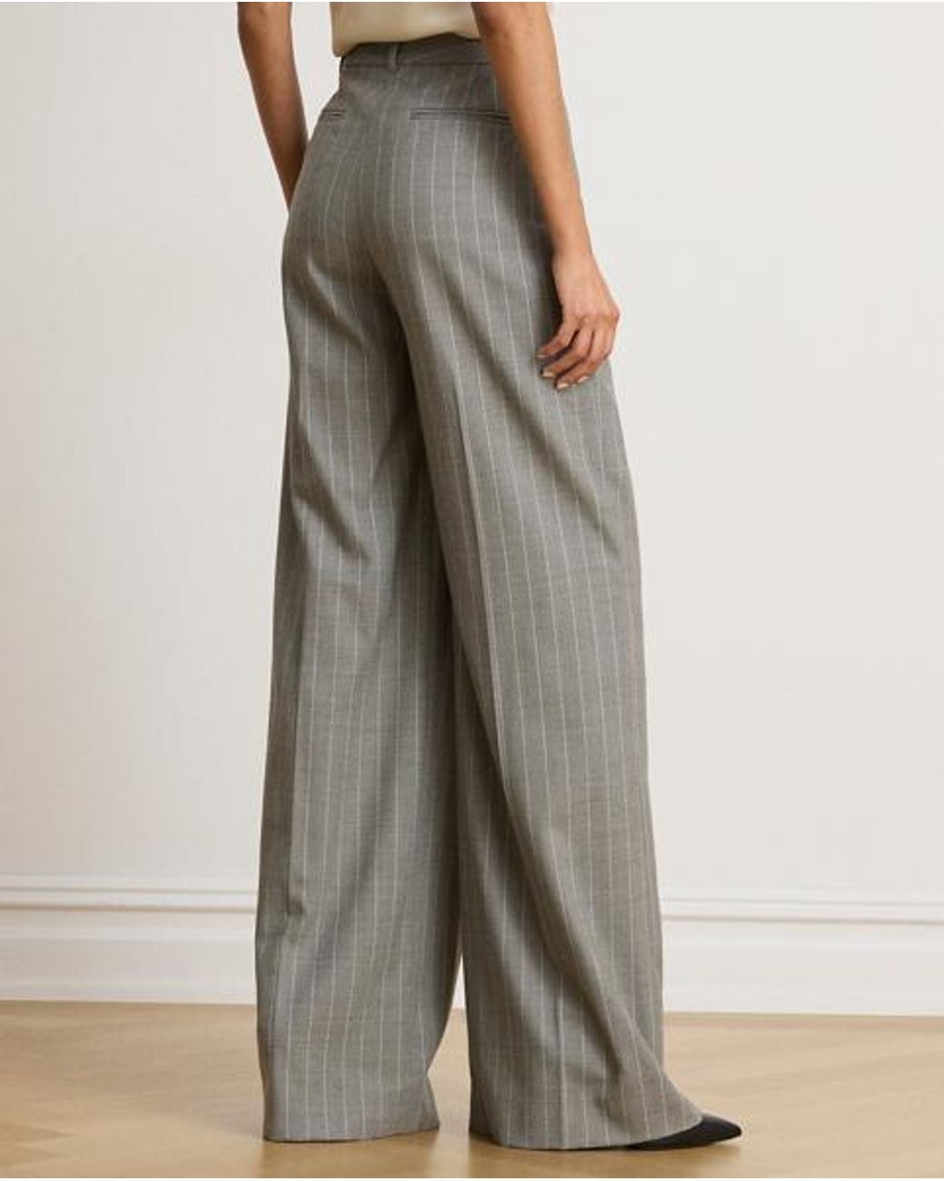 Ralph Lauren Gray Wide-Leg Pinstripe Twill Trousers