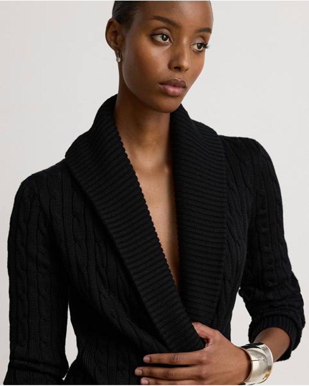 Ralph Lauren Black Cable Cotton-Blend Shawl-Collar Sweater