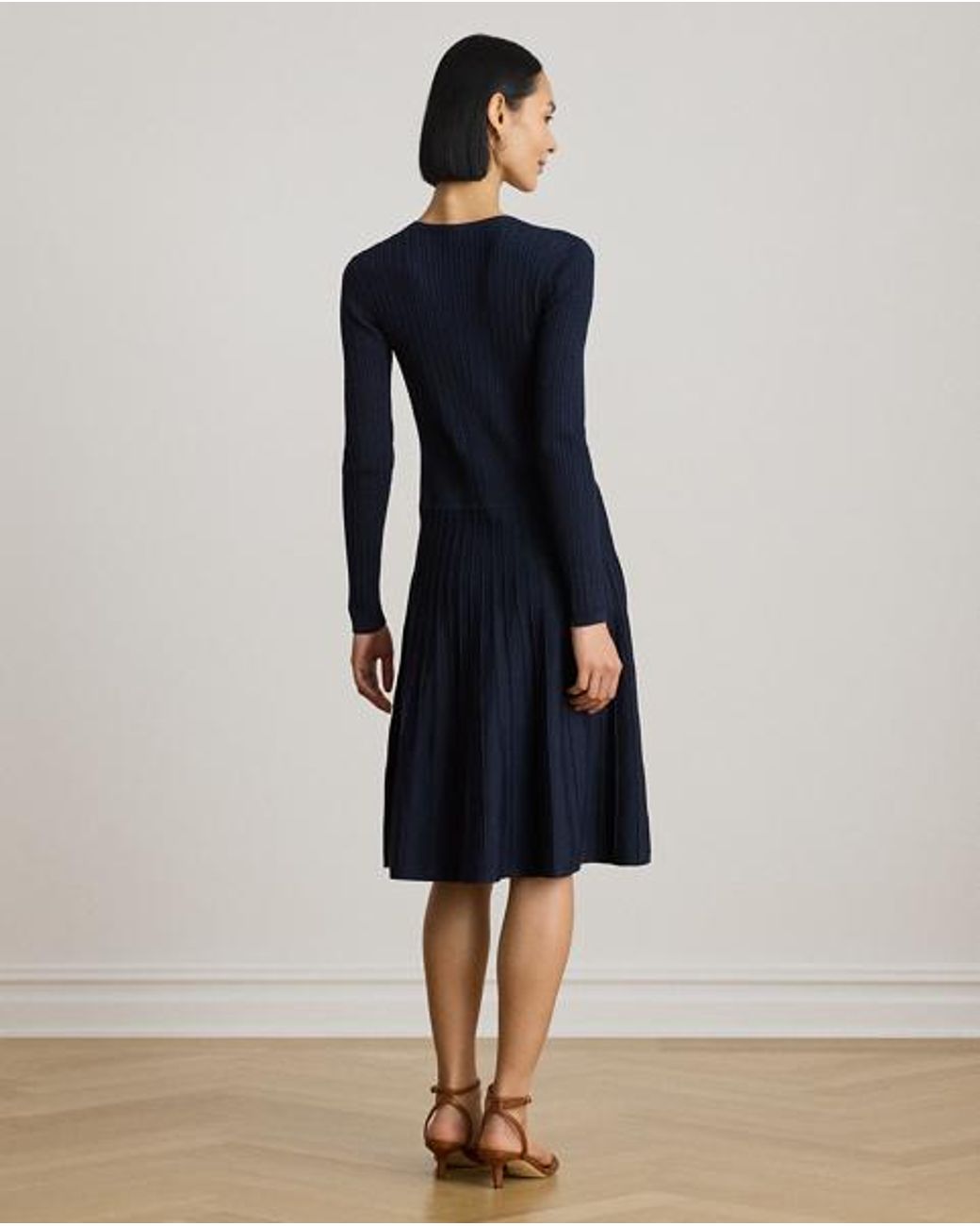 Ralph Lauren Blue Mini-Cable & Rib-Knit Long-Sleeve Dress