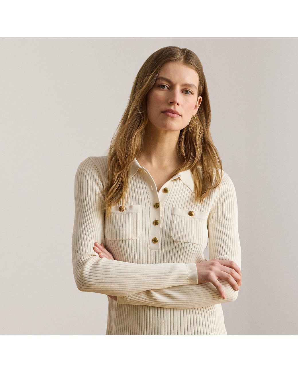 Ralph Lauren Natural Rib-Knit Long-Sleeve Polo Jumper