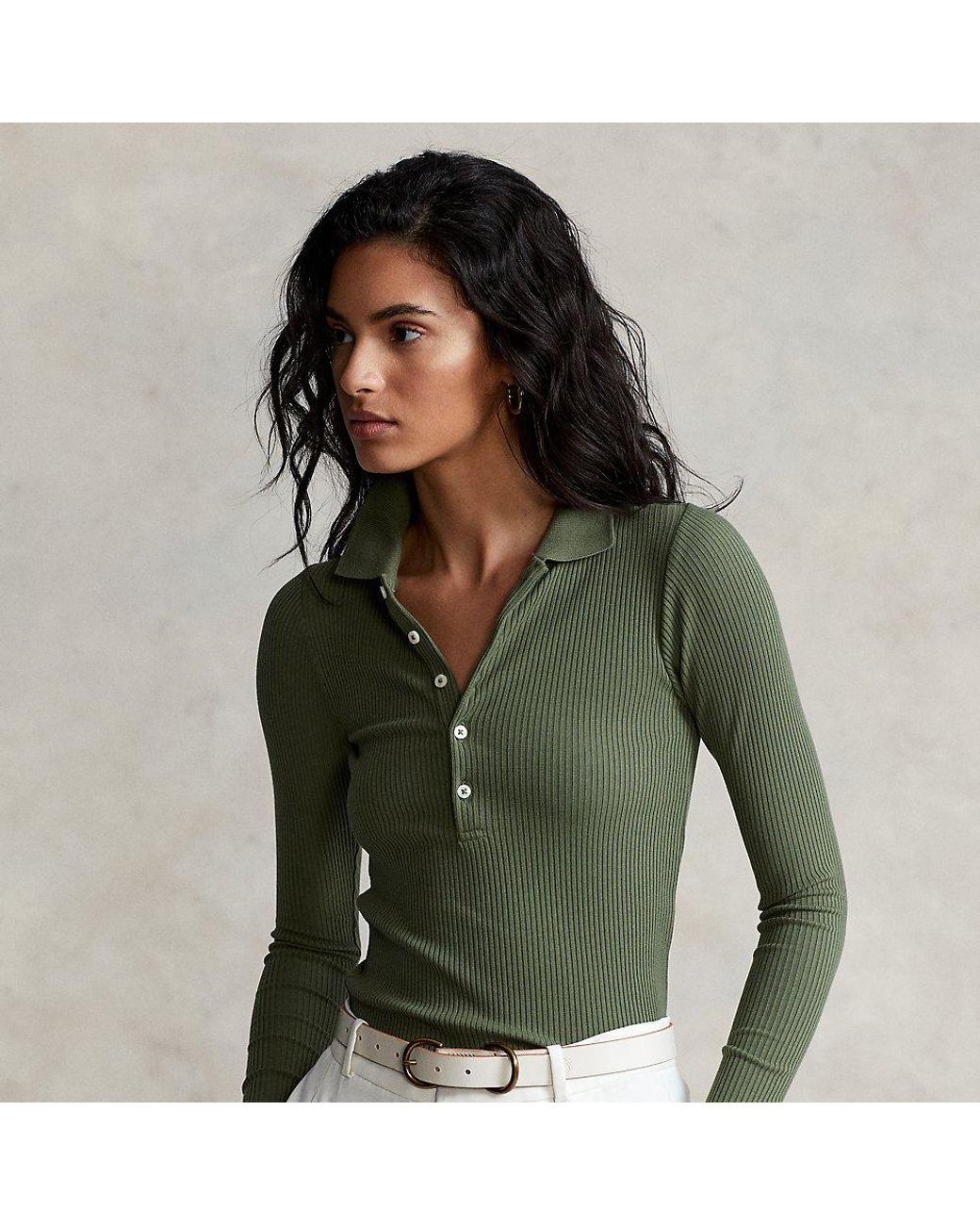 Polo Ralph Lauren Rib-knit Long-sleeve Polo Shirt in Green | Lyst