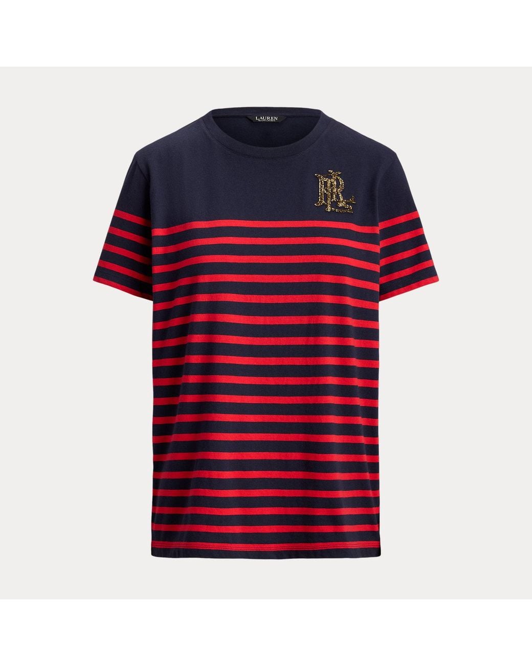 Ralph Lauren Purple Striped Beaded-Logo Cotton Jersey Tee