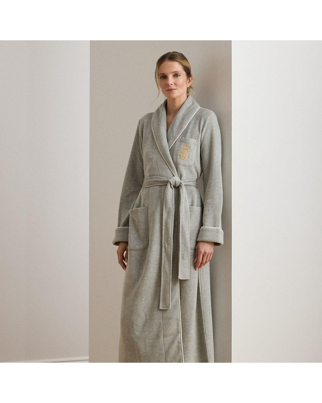 Gray Robe Ralph Lauren Microfleece Long Shawl-Collar Robe in Gray | Lyst